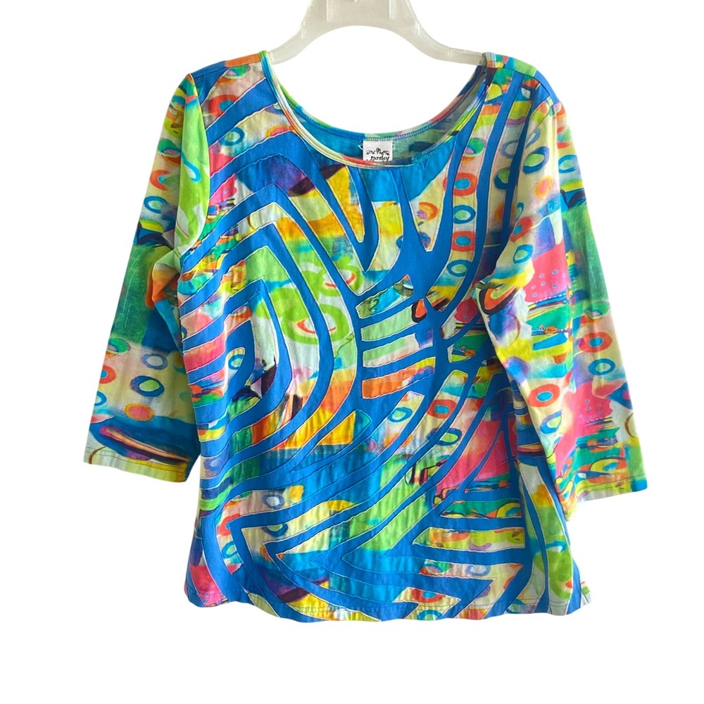 Parsley & Sage Womens Large Abstract Art Print 3/4 Sleeve Scoop Neck Top Blue